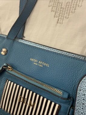 henri bendel Teal Leather Tote with Gold Accents and Striped Card Sleeve